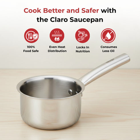 Vinod Claro Heavy Gauge Stainless Steel Sauce Pan Plain 1.5 mm Capacity 1600 ml