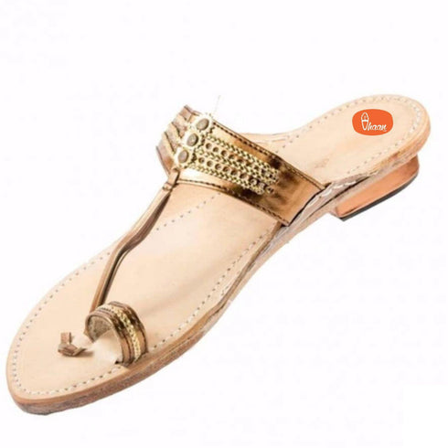 Vhaanfootwear Angthapatti Box Heel Classic Kolhapuri Chappal For Women Color Gold