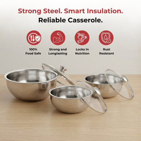 Vinod Stainless Steel Montero Insulated Casserole with Glass Lids and Steel Knobs Set of 3 500 ml 900 ml and 1500 ml High Grade Steel and Rust Free