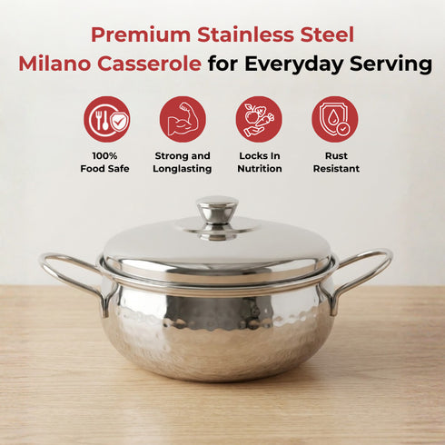 Vinod Stainless Steel Milano Hammered Serving Casserole with Steel Lid and Side Handles 1230 ml Highest Grade Stainless Steel Tough and Strong