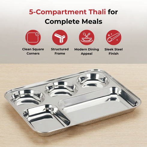 Vinod Stainless Steel 5 Compartment Plate with Round Edges Lunch and Dinner Plate Bhojan Thali High Quality Steel Rust Free Pack of 2