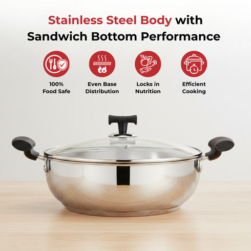 Vinod DONIV Stainless Steel Sandwich Bottom Solitaire Kadai With Glass Lid and Side handle Induction Friendly Capacity 4 Ltr 26cm