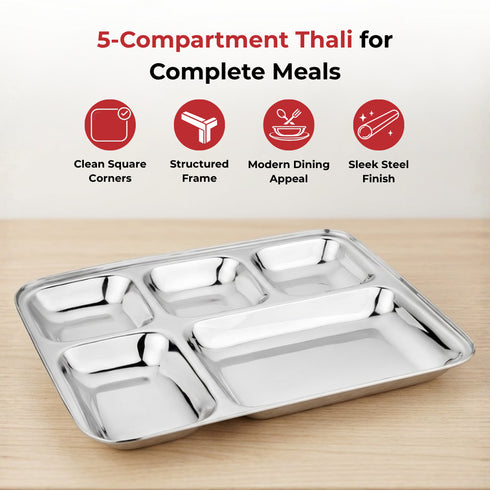 Vinod Stainless Steel 5 Compartment Plate with Square Edges Lunch and Dinner Plate Bhojan Thali High Quality Steel Rust Free Pack of 2