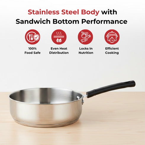 Vinod DONIV Stainless Steel Sandwich Bottom Solitaire Fry Pan 22 cms Induction Friendly Capacity 2.2 Liter