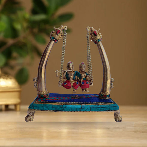 Brass Radha Krishna Jhula Stone God Statue 3.326Kg