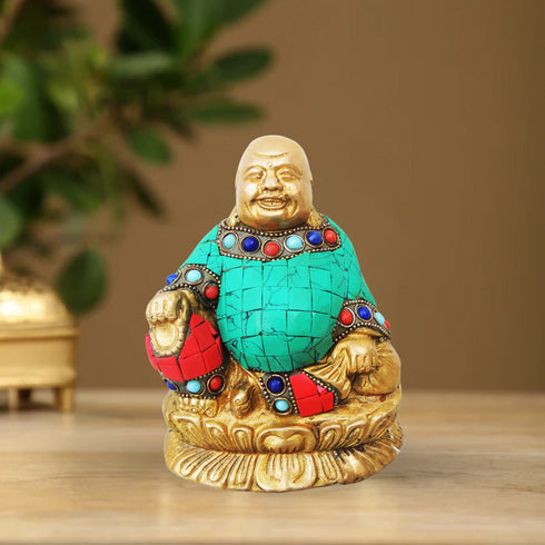 Brass Laughing Buddha Statue With Turquoise Coral 1.205Kg