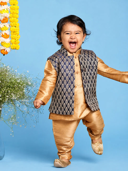 Vastramay SISHU Boy's Gold-Toned & Blue Kurta with Pyjama & Nehru Jacket