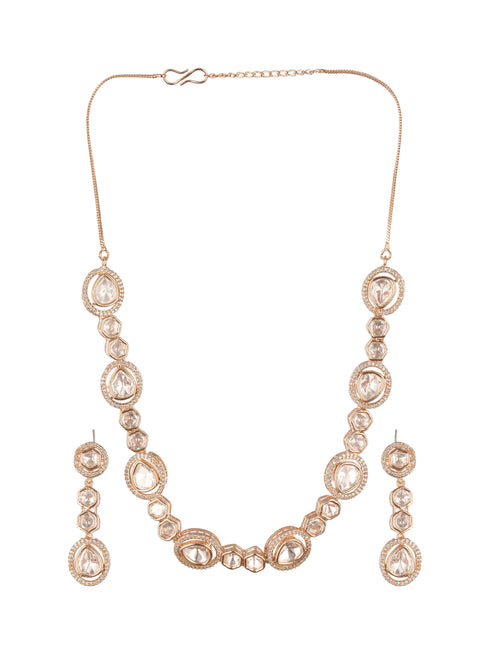 Gold Plated Polki Kundan Studded Minimal Solitaire Necklace Jewellery Set