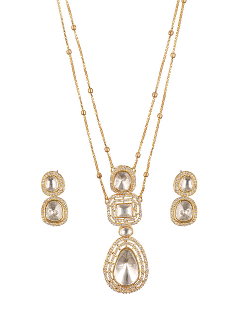 Gold Plated White Victorian Kundan Polki Studded Festive Minimal Pendant Chain Jewellery Set