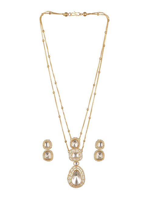 Gold Plated White Victorian Kundan Polki Studded Festive Minimal Pendant Chain Jewellery Set