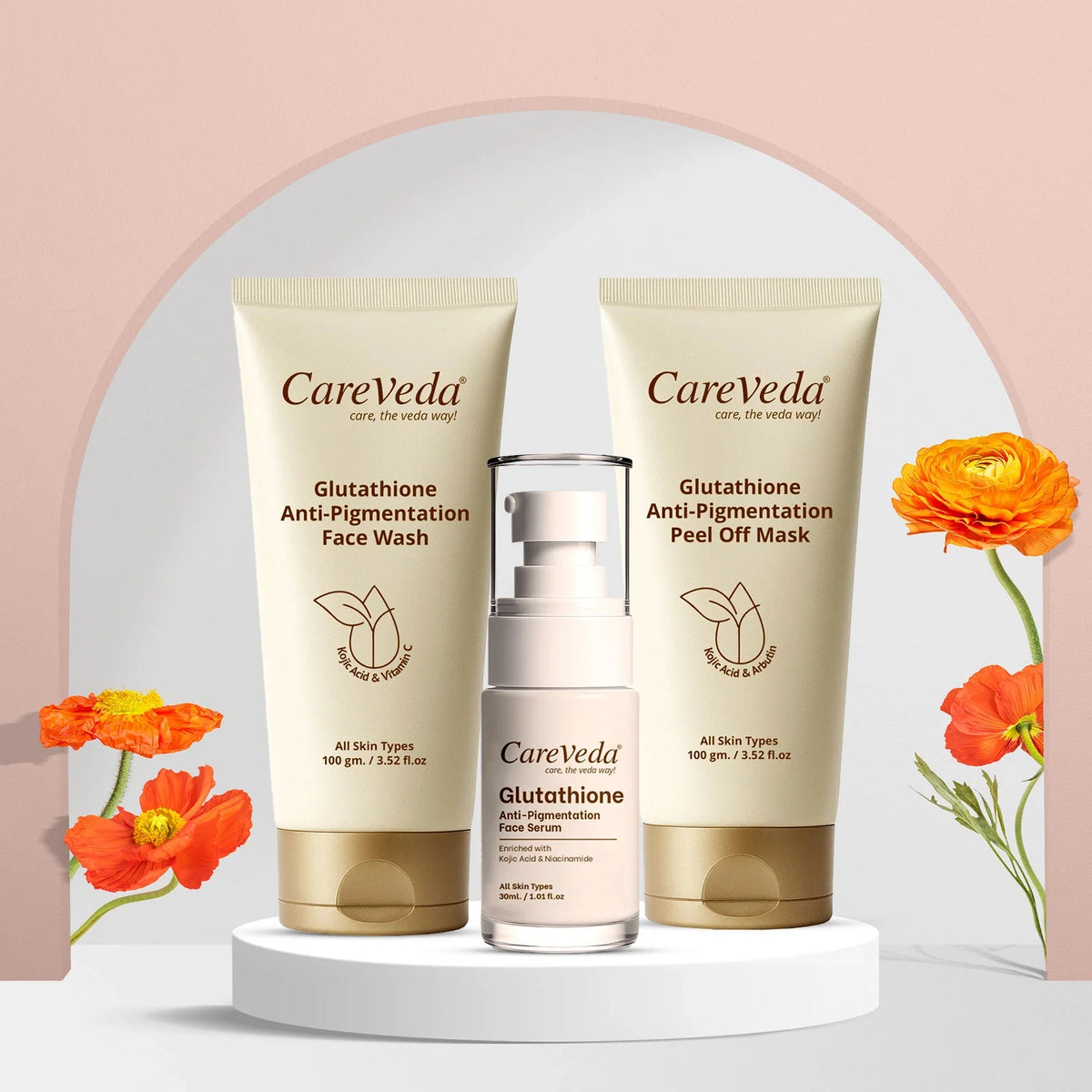 CareVeda Glutathione Skin Care Set of 3 Face Wash Peel Off Mask and Face Serum
