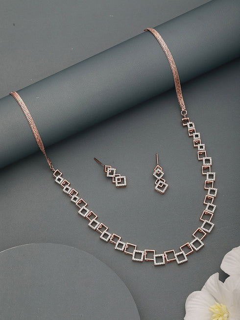 Rose Gold Plated AD Studded Minimal Geometric Necklace Jewellery Set