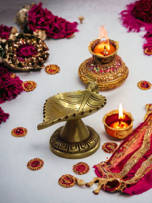 Tamas Brass Leaf Diya with Stand Ethnic Design Handmade | Free Luxury Gift box