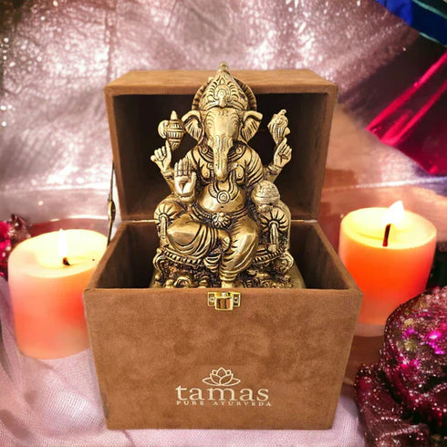Tamas Brass Lord Ganesha Sitting on Carved Singhasan with Mooshak Statue Free Premium Gift Box