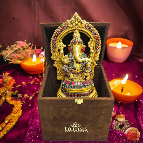 Tamas Brass Ganesh Bhagwan Sitting Posturel and Decorated with Multicolored Stone (Multicolor) Free Luxury Gift Box