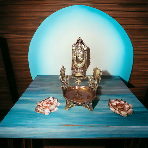 Tamas Brass Handcrafted Balaji, Shankh, Chakra Traditional Urli Bowl (Golden & Brown) (Pack of 1)