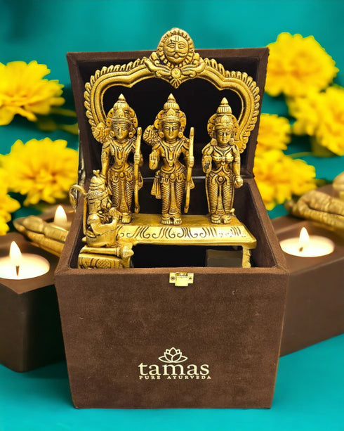 Tamas Brass Handcrafted Ram Darbar Shree Ram Ji Sita Laxman Hanuman Statue / Idol with Antique Finish | Free Luxury Gift box