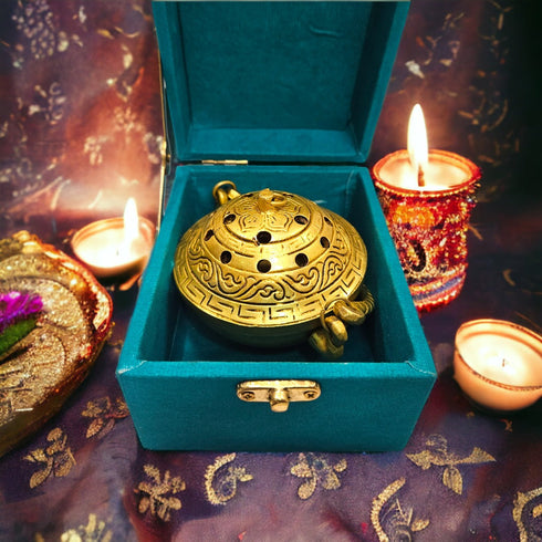Tamas Brass Small Dhoop Burner with Handle and Lid | Free Luxury Gift Box