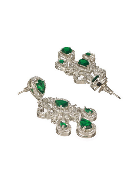 Silver Plated Emerald Green AD Studded Luxe Designer Floral Pendant Jewellery Set