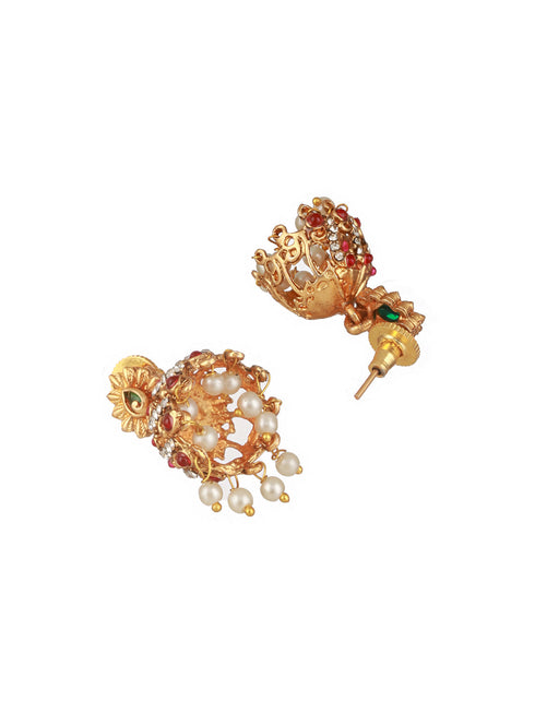 Gold Plated Green Kempo Studded Peacock Minimal Delicate Choker Jewellery Set