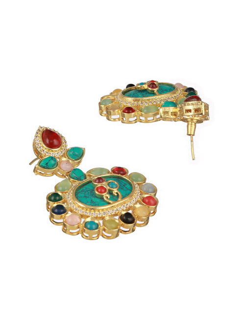 Gold plated Multicoloured Stones Studded Floral Double Layered Necklace Jewellery Set