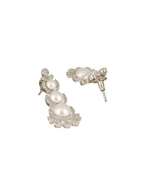 Silver Toned AD & Pearl Studded Floral Statement Necklace Jewellery Set