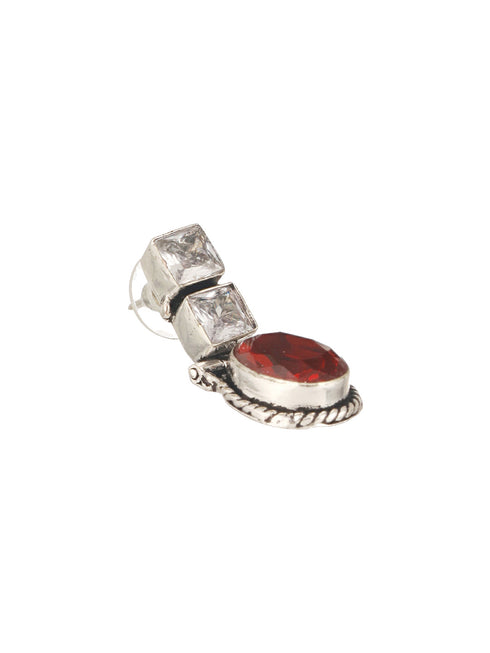 Oxidised Silver Toned Red Stone Studded Minimal Drop Earrings