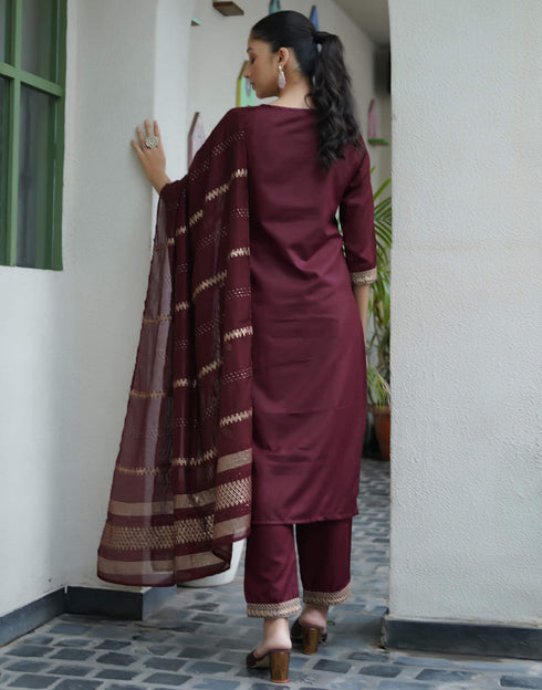 Sudathi Dark Brown Cotton Sequence Straight Kurta Set With Dupatta