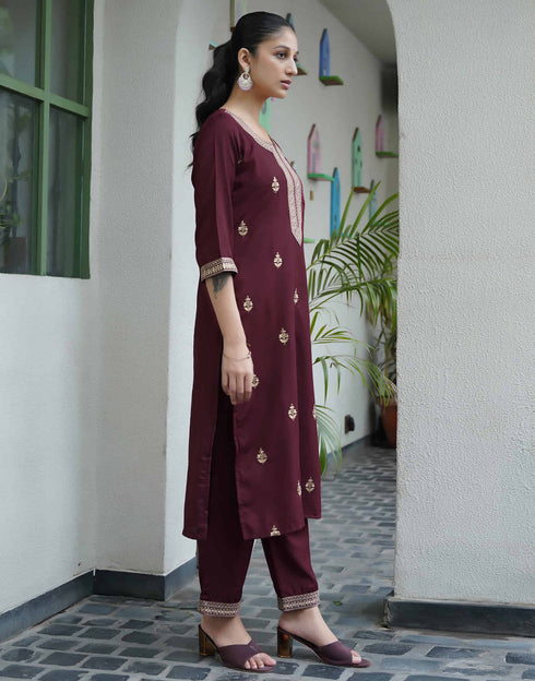 Sudathi Dark Brown Cotton Sequence Straight Kurta Set With Dupatta