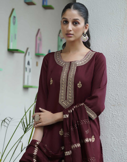 Sudathi Dark Brown Cotton Sequence Straight Kurta Set With Dupatta