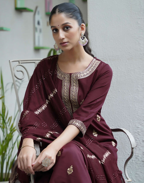 Sudathi Dark Brown Cotton Sequence Straight Kurta Set With Dupatta