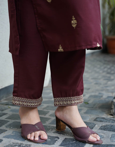 Sudathi Dark Brown Cotton Sequence Straight Kurta Set With Dupatta