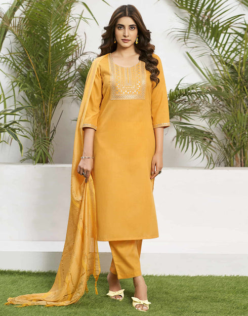 Sudathi Yellow Cotton Sequence Straight Kurta Set With Dupatta