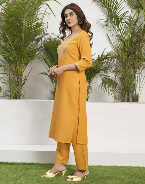 Sudathi Yellow Cotton Sequence Straight Kurta Set With Dupatta