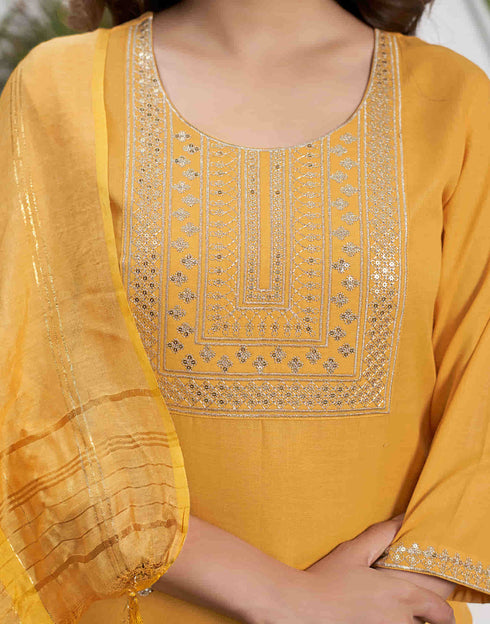 Sudathi Yellow Cotton Sequence Straight Kurta Set With Dupatta