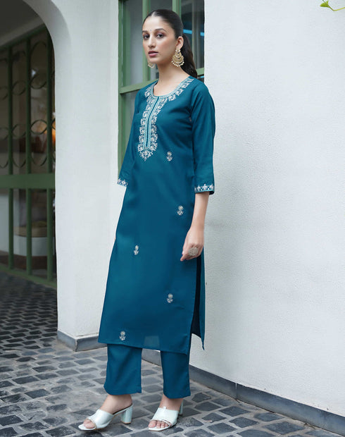 Sudathi Rama Blue Cotton Sequence Straight Kurta Set With Dupatta