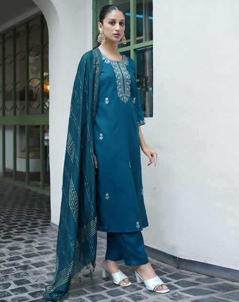 Sudathi Rama Blue Cotton Sequence Straight Kurta Set With Dupatta