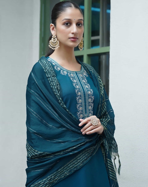 Sudathi Rama Blue Cotton Sequence Straight Kurta Set With Dupatta
