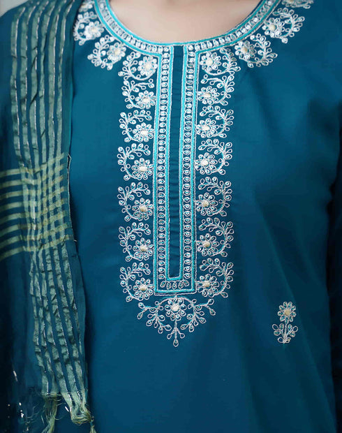 Sudathi Rama Blue Cotton Sequence Straight Kurta Set With Dupatta