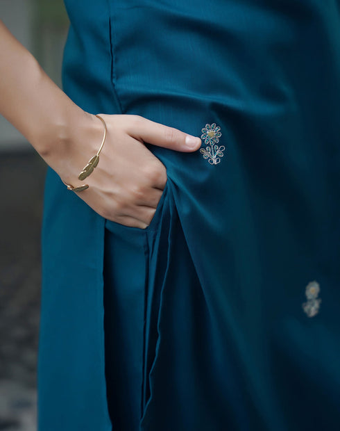 Sudathi Rama Blue Cotton Sequence Straight Kurta Set With Dupatta