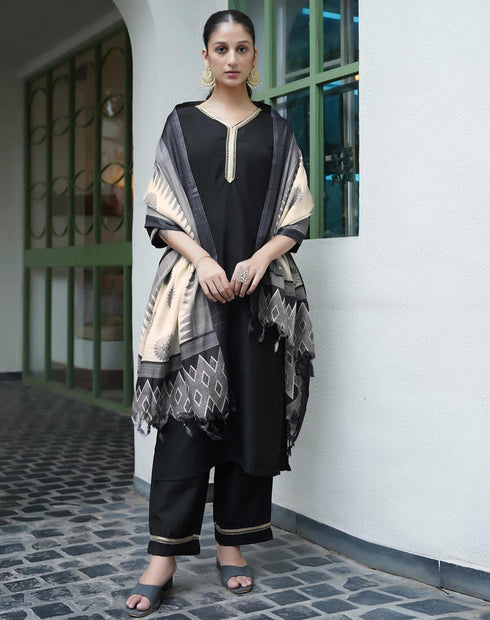 Sudathi Black Chinnon Lace Straight Kurta Set With Dupatta