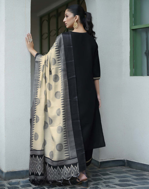Sudathi Black Chinnon Lace Straight Kurta Set With Dupatta