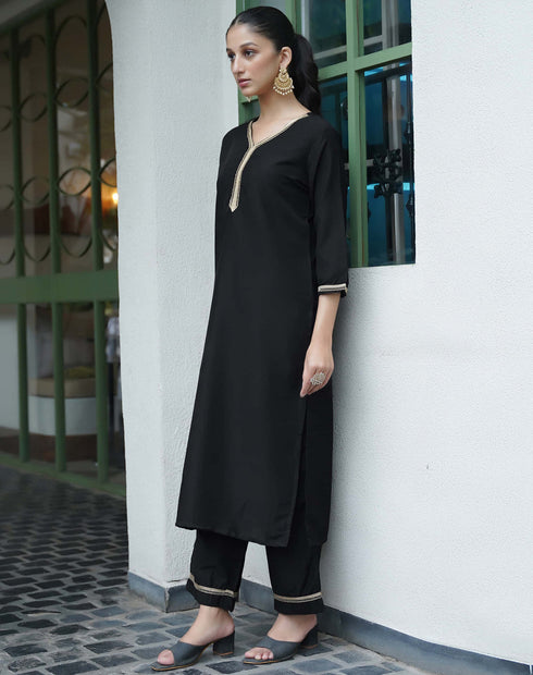 Sudathi Black Chinnon Lace Straight Kurta Set With Dupatta