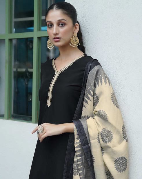 Sudathi Black Chinnon Lace Straight Kurta Set With Dupatta