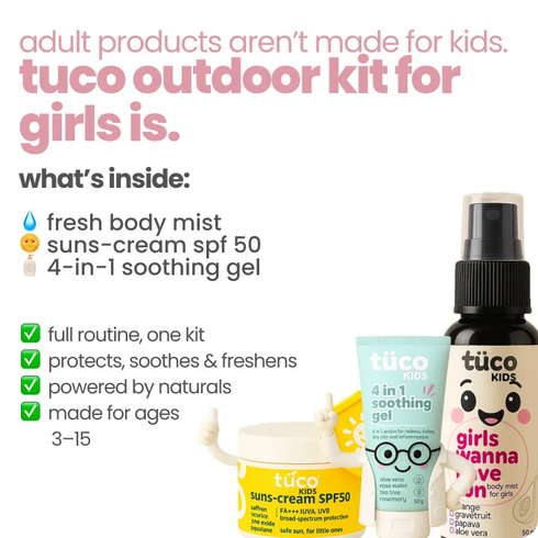 Tuco active girls summer essential kit: soothing gel + body mist + sunscreen spf50
