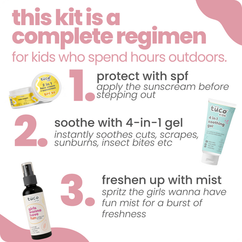 Tuco active girls summer essential kit: soothing gel + body mist + sunscreen spf50