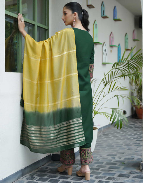 Sudathi Dark Green Cotton Printed Straight Kurta Set With Dupatta