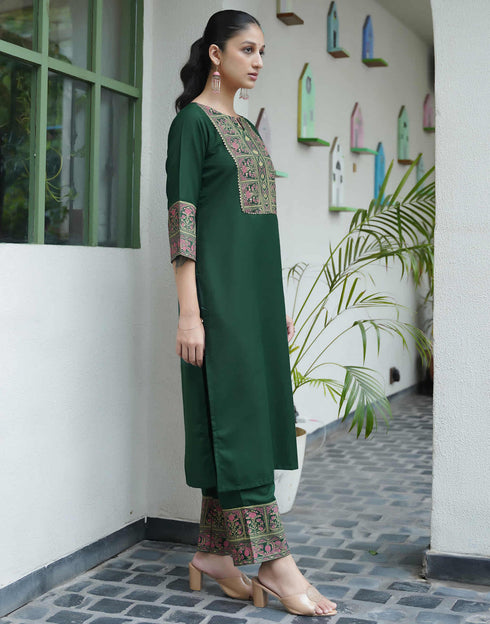 Sudathi Dark Green Cotton Printed Straight Kurta Set With Dupatta