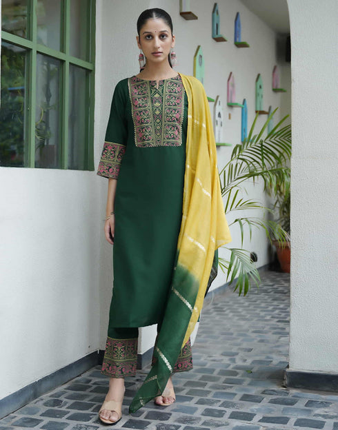 Sudathi Dark Green Cotton Printed Straight Kurta Set With Dupatta