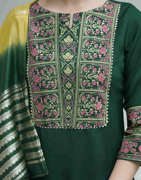 Sudathi Dark Green Cotton Printed Straight Kurta Set With Dupatta